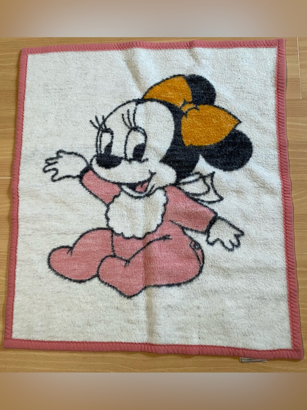 Biederlack Disney Minnie Mouse Baby Blanket Pink White Black 33” x 28” Vtg 1984